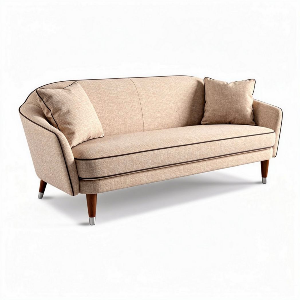 Fabric loveseat with wood legs and two complementary cushions 150 x 75 x 80cm