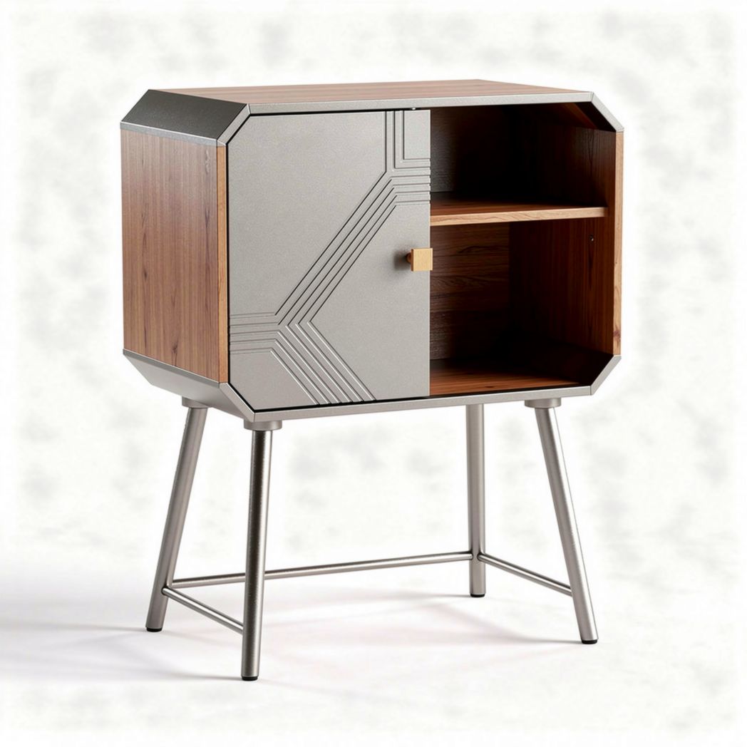 Wood and metal accent cabinet with geometric design and open shelving 45 x 40 x 60cm