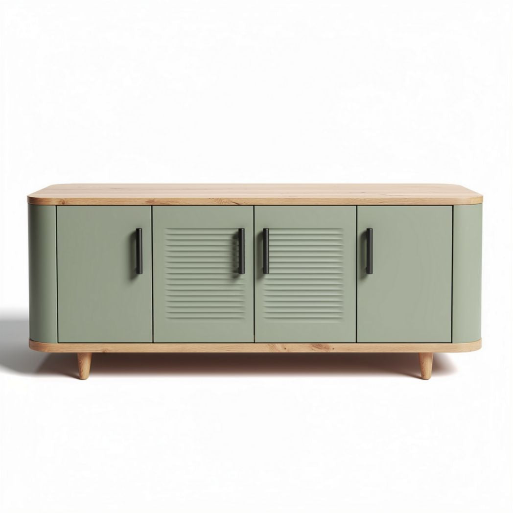 Wooden entertainment console with green finish and three storage compartments 150 x 40 x 50cm