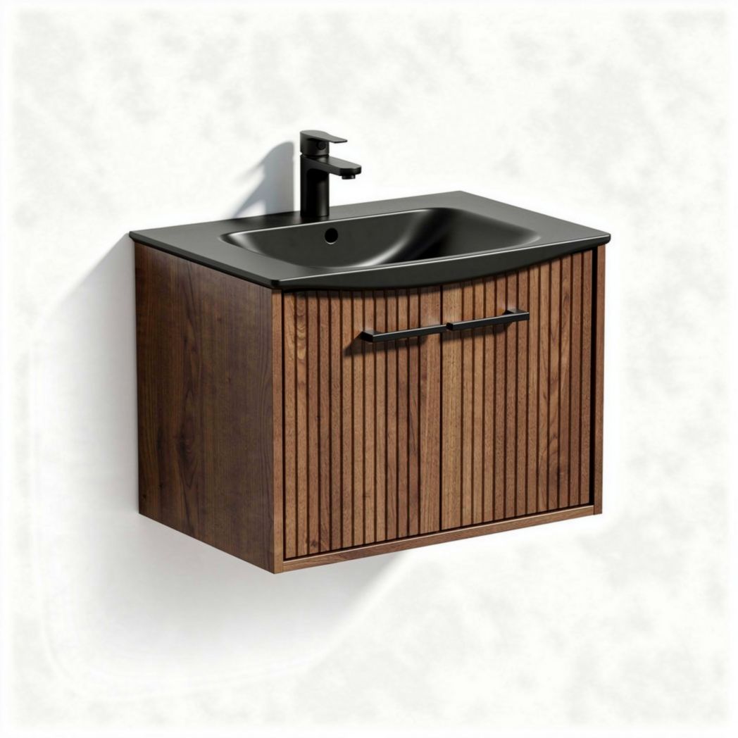 Wall-mounted bathroom vanity with sink in black and wood finish 60 x 45 x 40cm