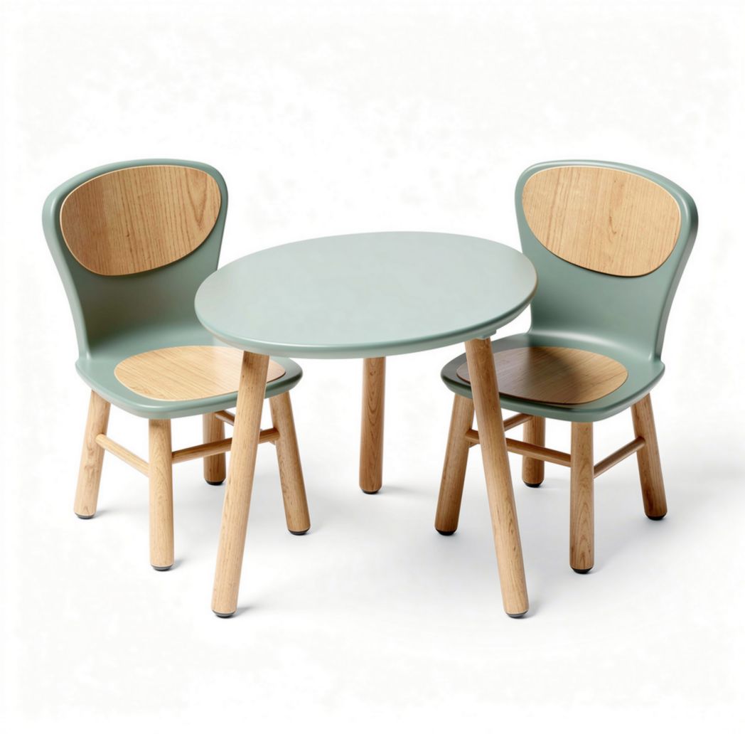 Kids table and chair set in mint green and natural wood 60 x 60 x 50cm