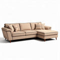 Two-piece sectional sofa in beige fabric with wooden legs and throw pillows